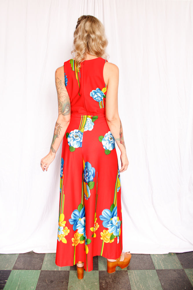1970s Floral Tori Richards Red Jumpsuit - Medium