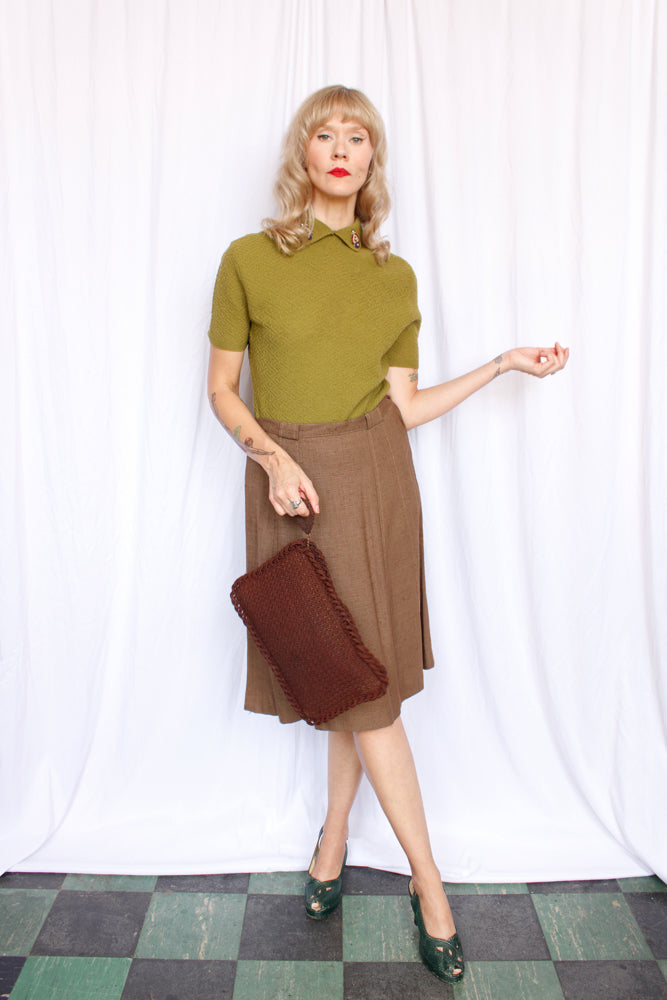 1940s Dark Brown Knit Cordé Handbag