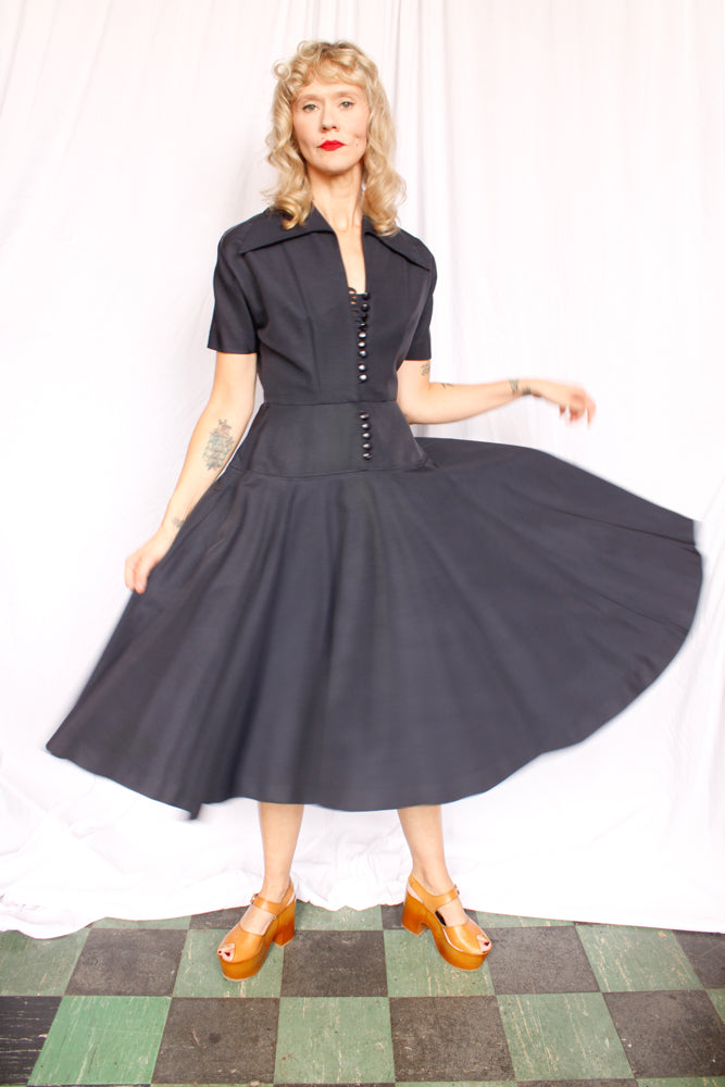 1950s Dior Style Silk Navy Dress - Small