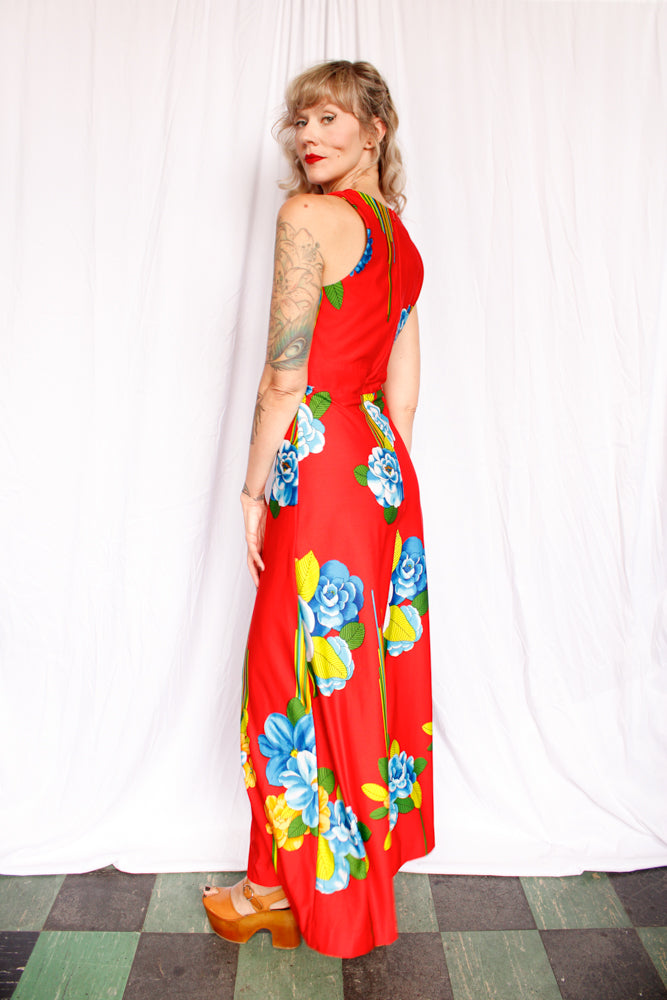 1970s Floral Tori Richards Red Jumpsuit - Medium