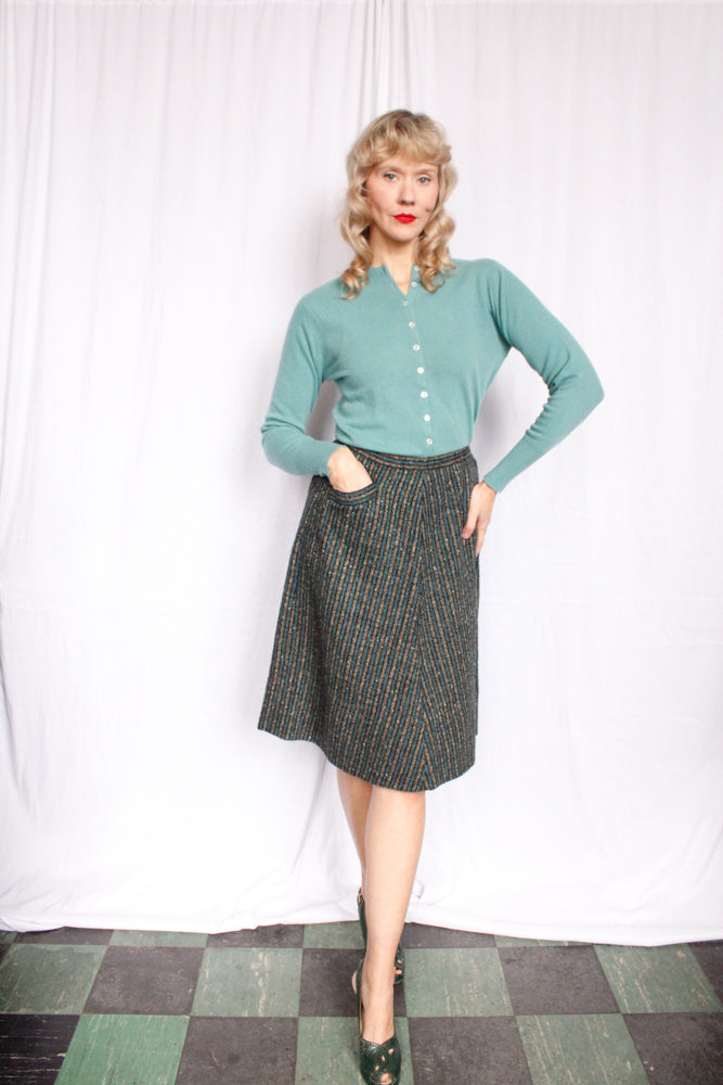 1950s Sporteens Aline Striped Tweed Skirt - Small