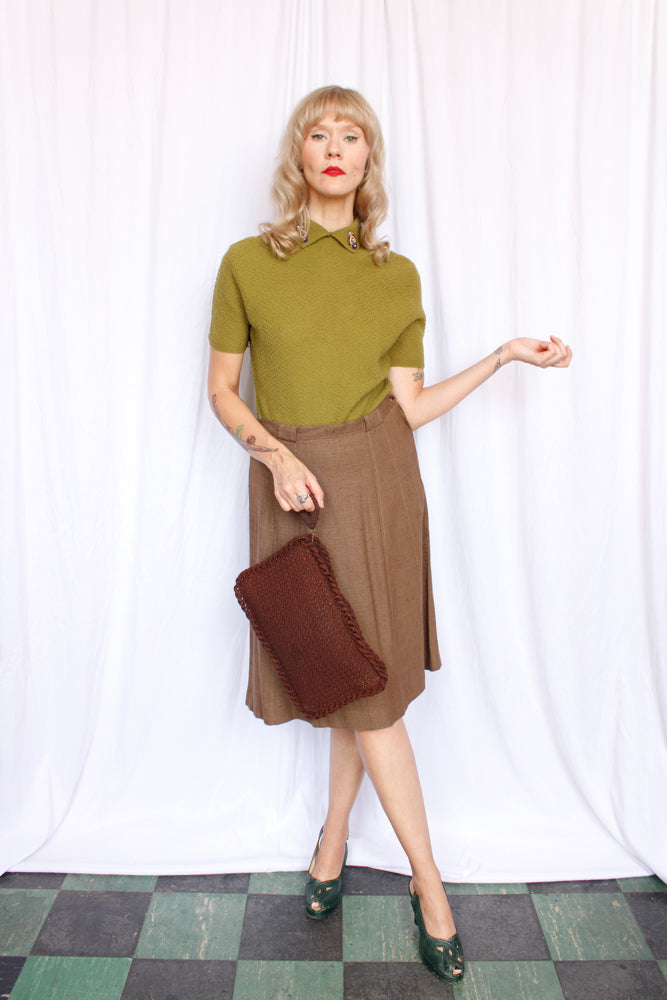 1940s Dark Brown Knit Cordé Handbag