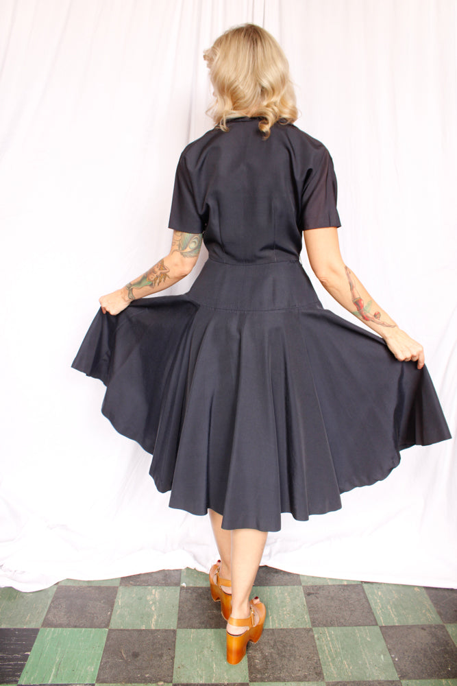 1950s Dior Style Silk Navy Dress - Small