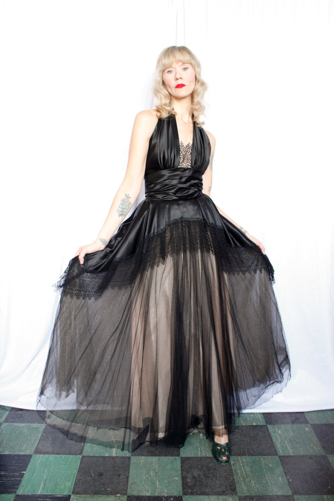 1950s Silk Satin & Tulle Marshall Fields Co Halter Gown - Small