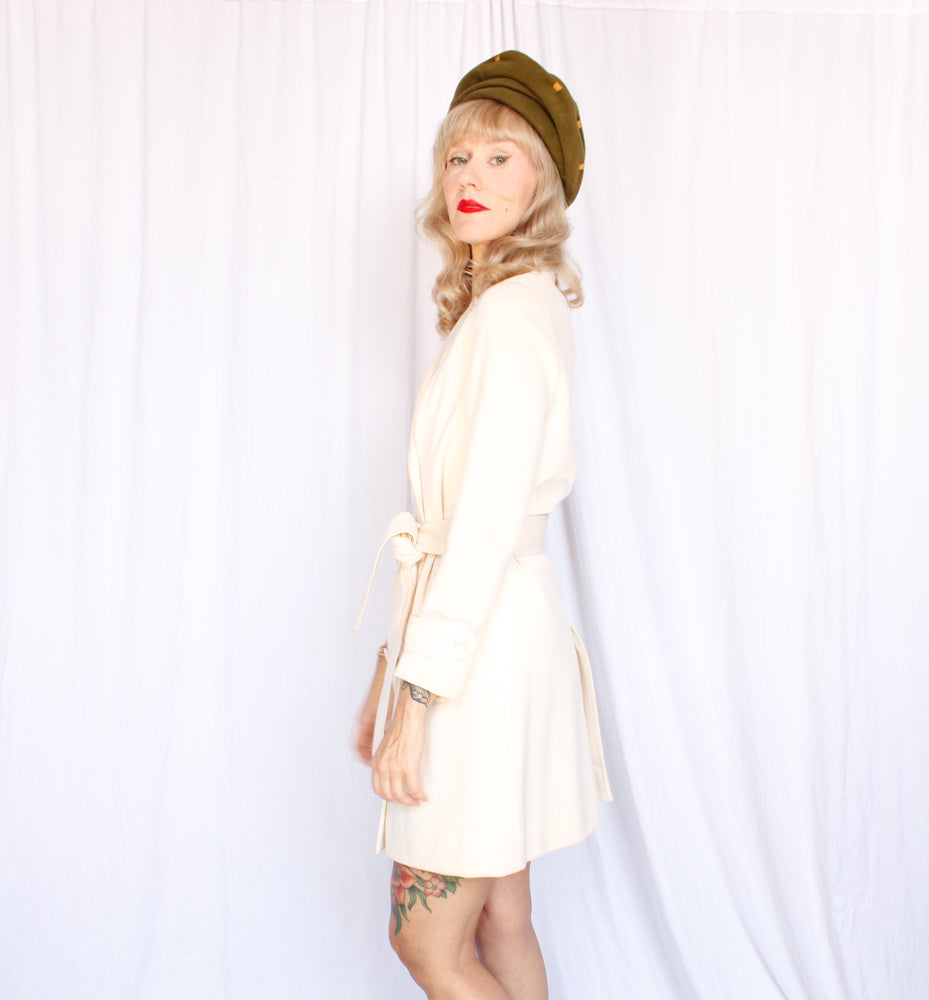 1960s Italian Gino Paoli Cream Wool Knit Trench Coat - Medium