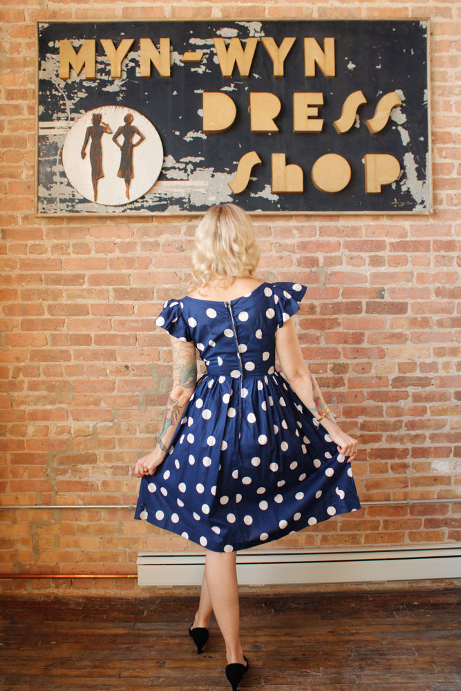 1950s Polka Dot Ruffle Sleeve Dress - Small
