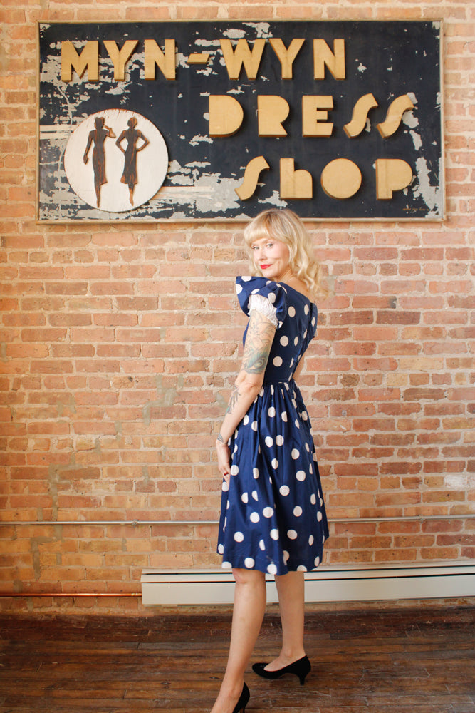 1950s Polka Dot Ruffle Sleeve Dress - Small