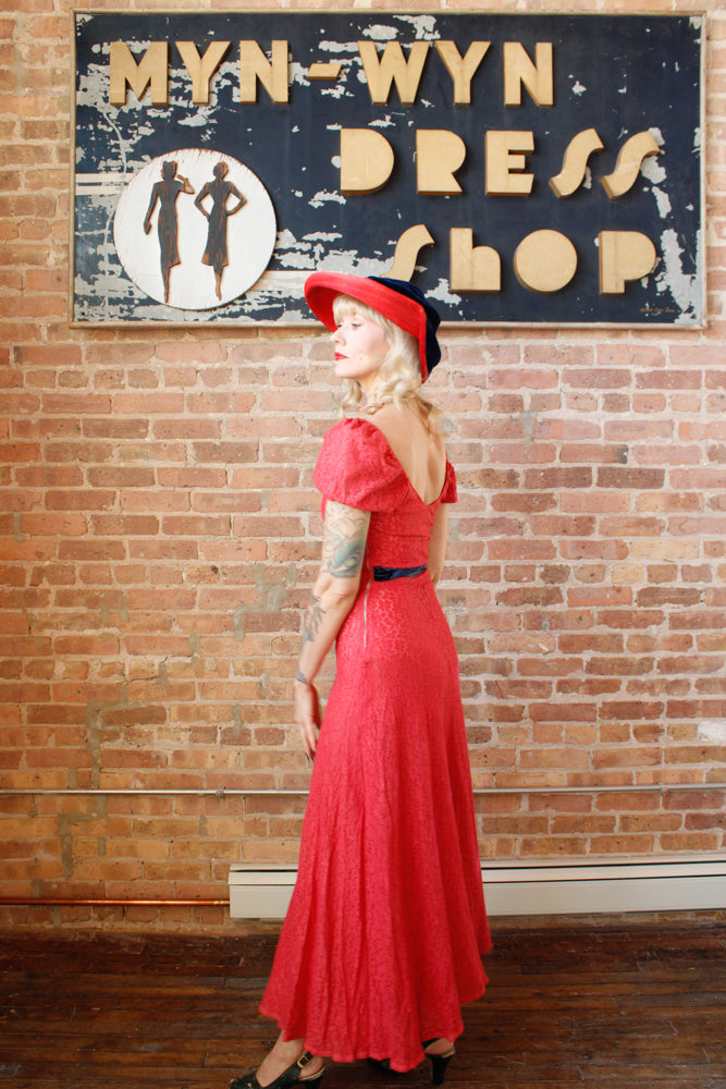 1930s Magenta Lace Puff Sleeve Gown - XS