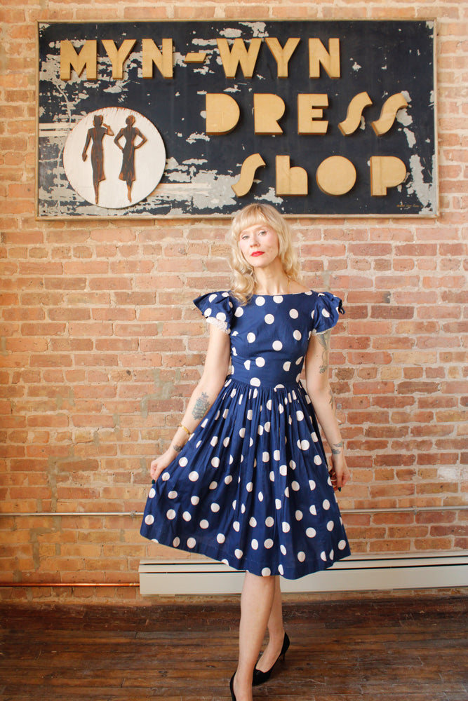 1950s Polka Dot Ruffle Sleeve Dress - Small