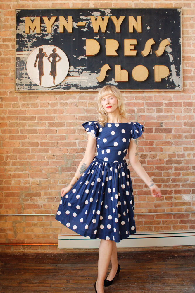 1950s Polka Dot Ruffle Sleeve Dress - Small