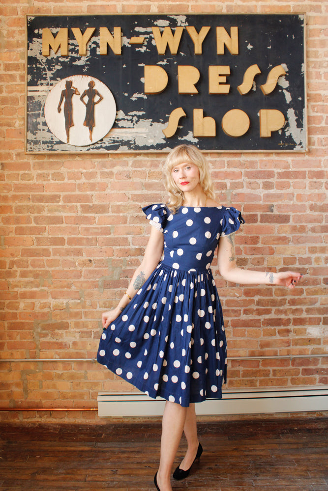 1950s Polka Dot Ruffle Sleeve Dress - Small