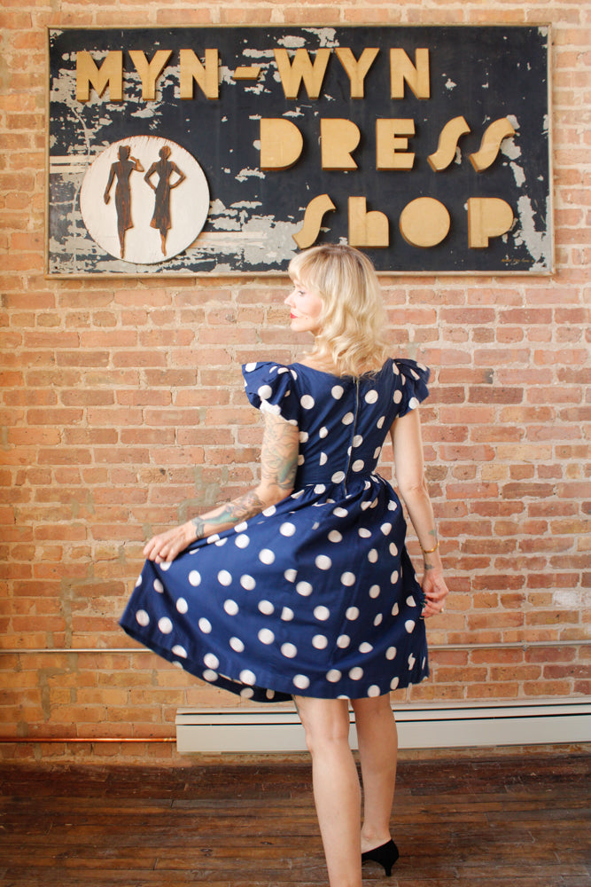 1950s Polka Dot Ruffle Sleeve Dress - Small