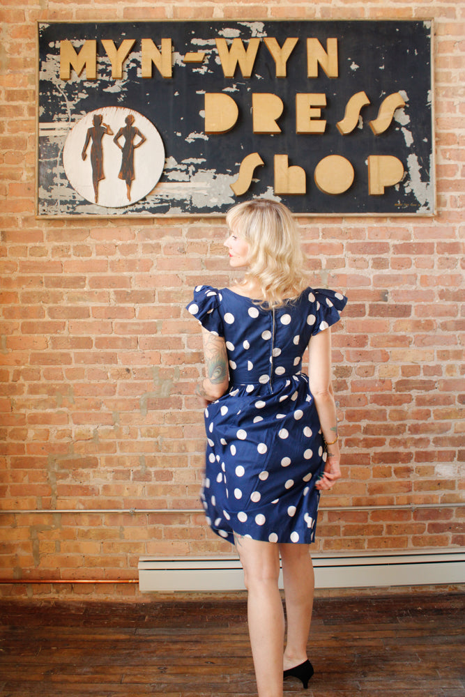 1950s Polka Dot Ruffle Sleeve Dress - Small