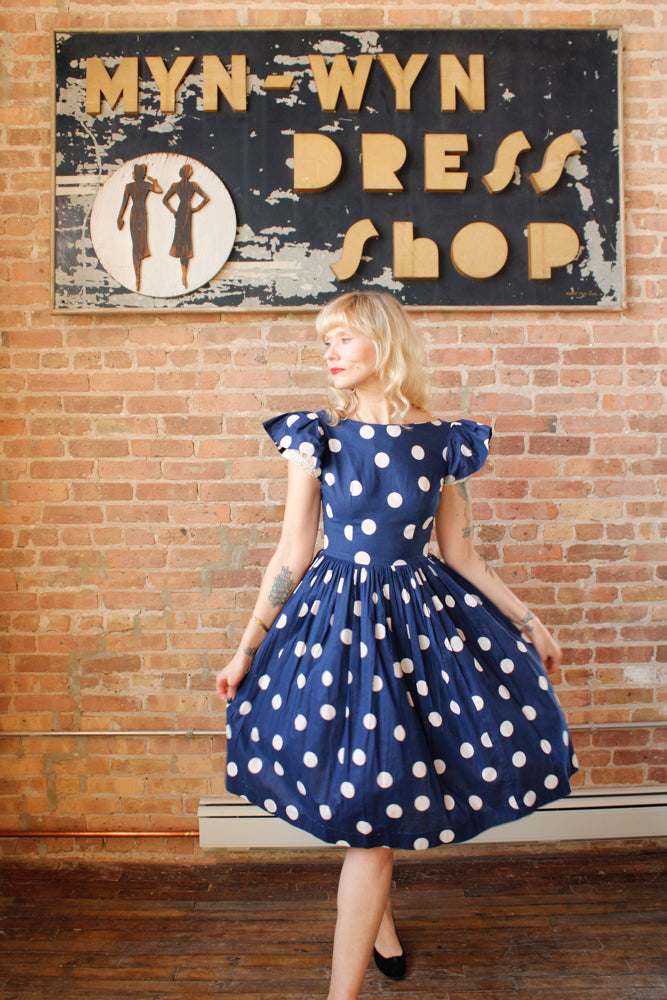 1950s Polka Dot Ruffle Sleeve Dress - Small
