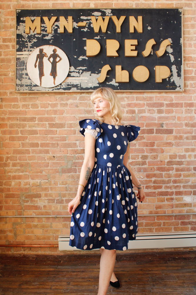 1950s Polka Dot Ruffle Sleeve Dress - Small