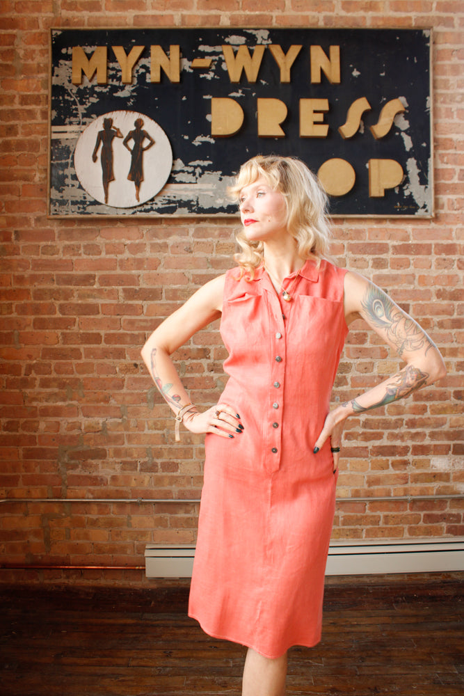 1950s Coral Linen Dress by Henry Rosenfeld - Medium
