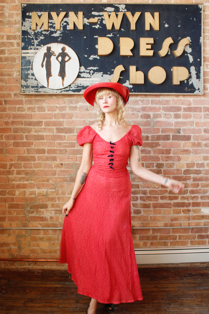 1930s Magenta Lace Puff Sleeve Gown - XS