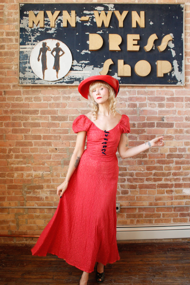 1930s Magenta Lace Puff Sleeve Gown - XS