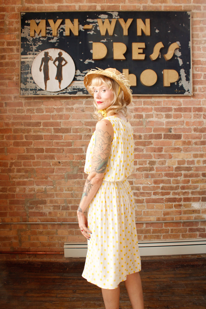 1950s Jerry Gilden Yellow & White Polka Dot Dress - S/M