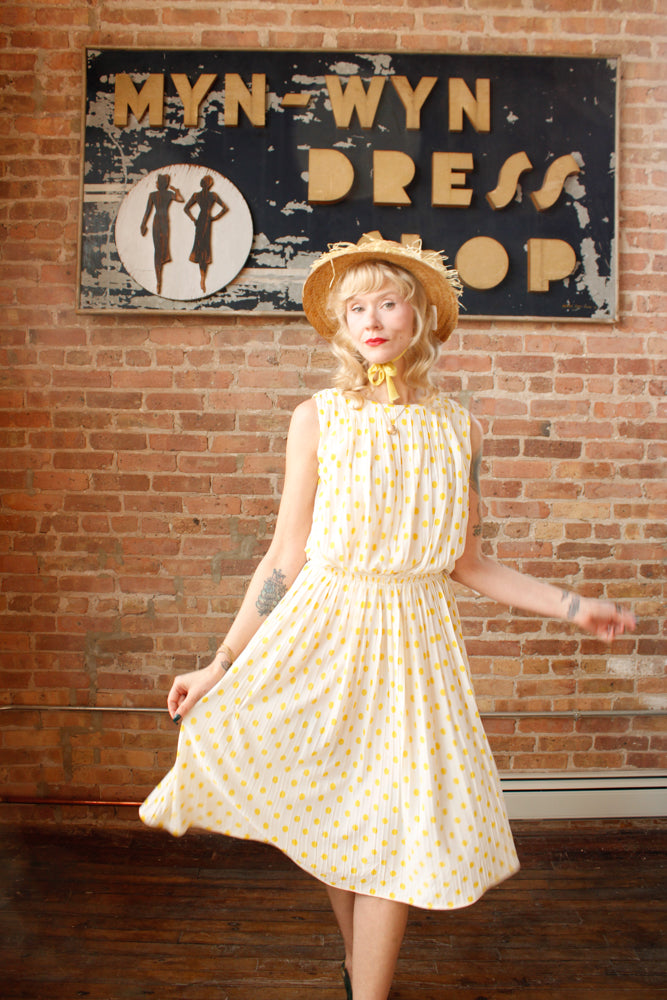 1950s Jerry Gilden Yellow & White Polka Dot Dress - S/M
