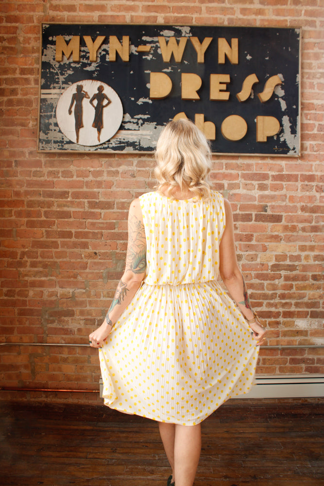 1950s Jerry Gilden Yellow & White Polka Dot Dress - S/M