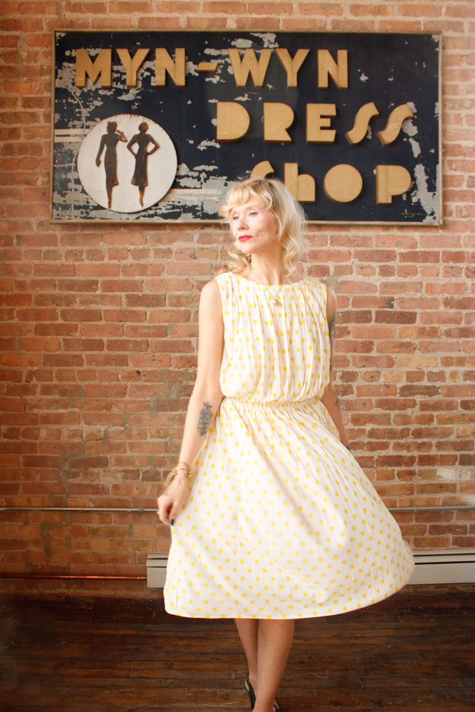 1950s Jerry Gilden Yellow & White Polka Dot Dress - S/M