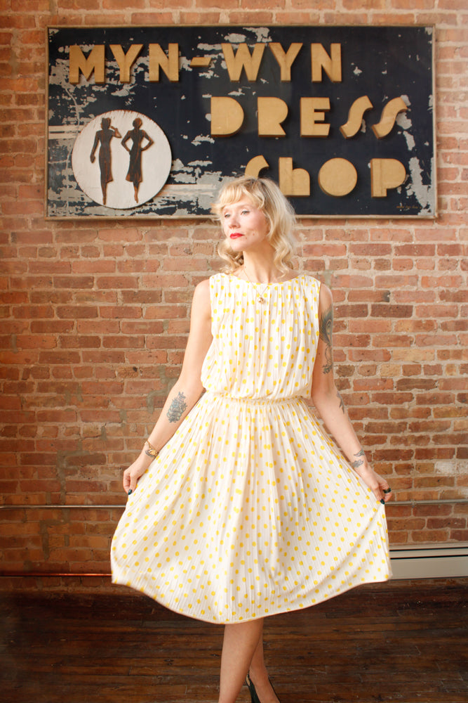 1950s Jerry Gilden Yellow & White Polka Dot Dress - S/M