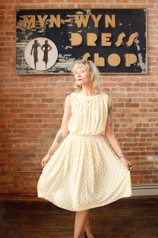 1950s Jerry Gilden Yellow & White Polka Dot Dress - S/M