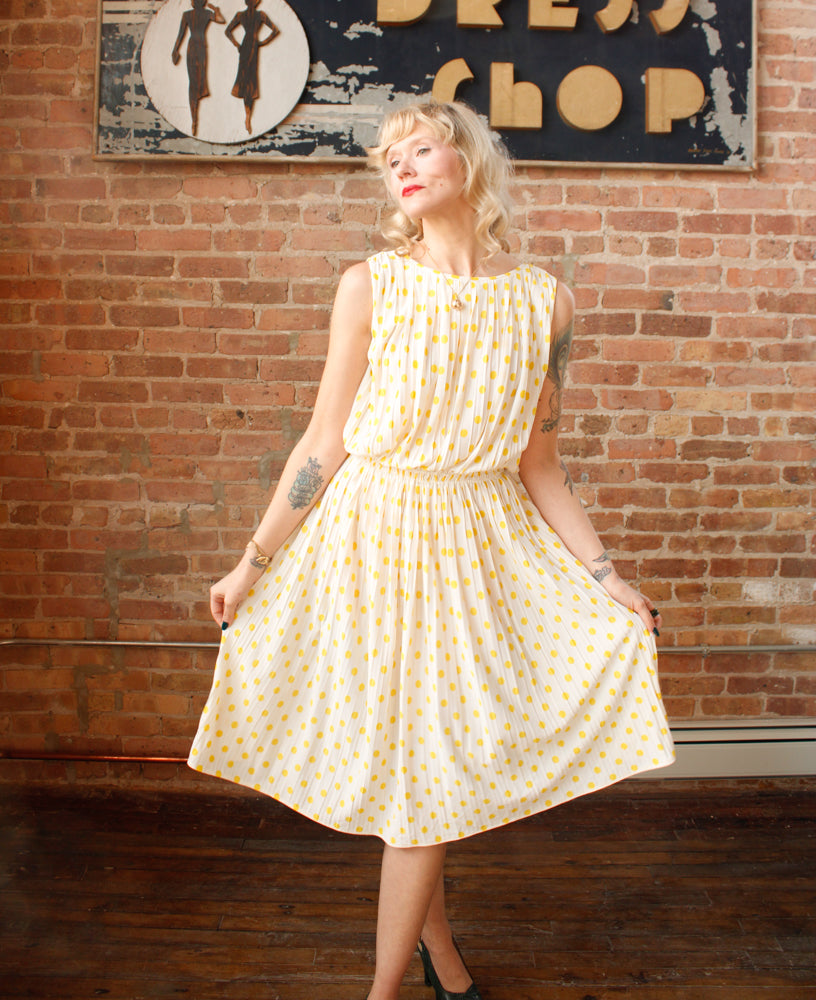 1950s Jerry Gilden Yellow & White Polka Dot Dress - S/M