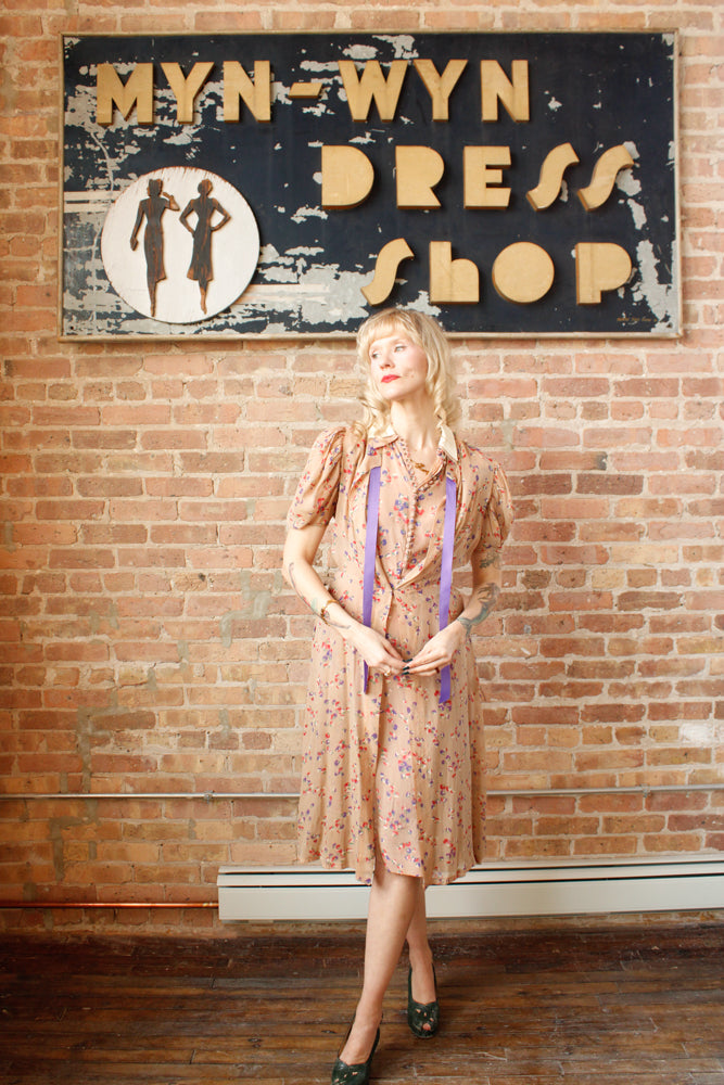 1930s Silk Floral 2pc Dress & Jacket - Small