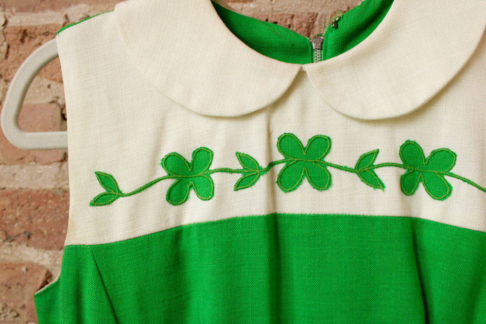 1960s Clover Green & White Shift Dress - Small