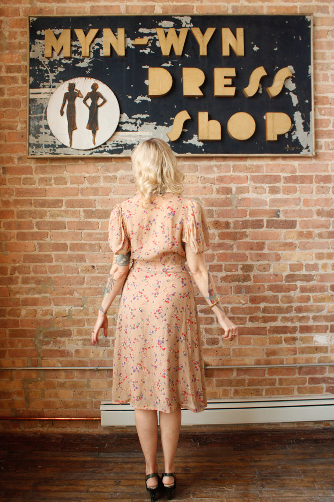 1930s Silk Floral 2pc Dress & Jacket - Small