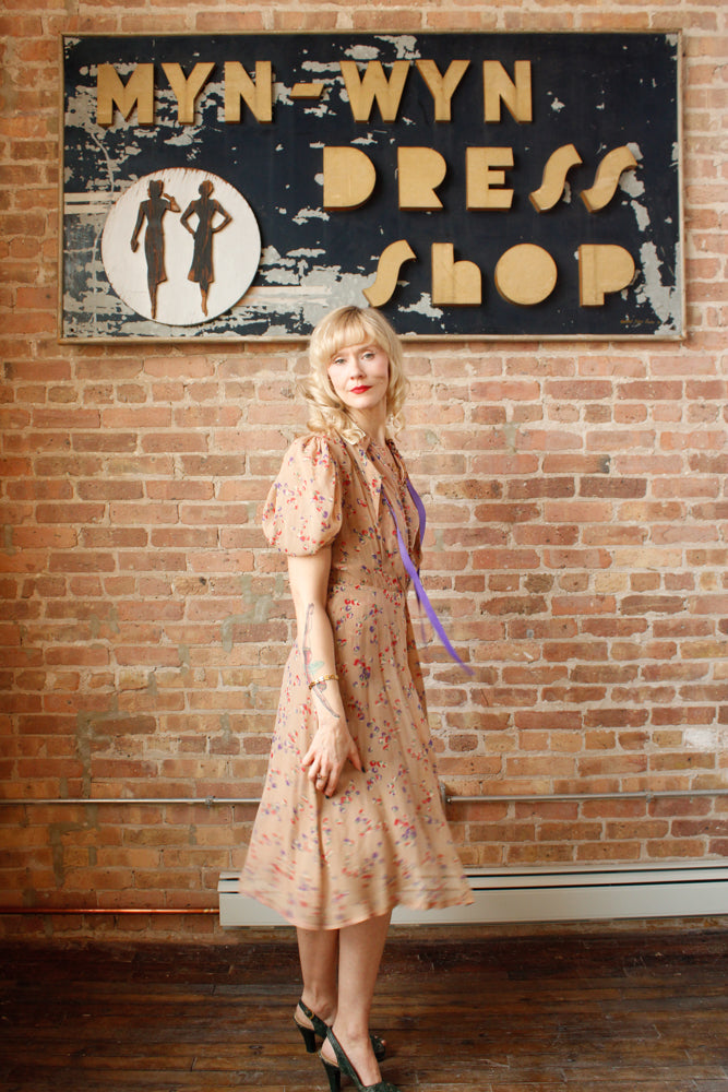 1930s Silk Floral 2pc Dress & Jacket - Small