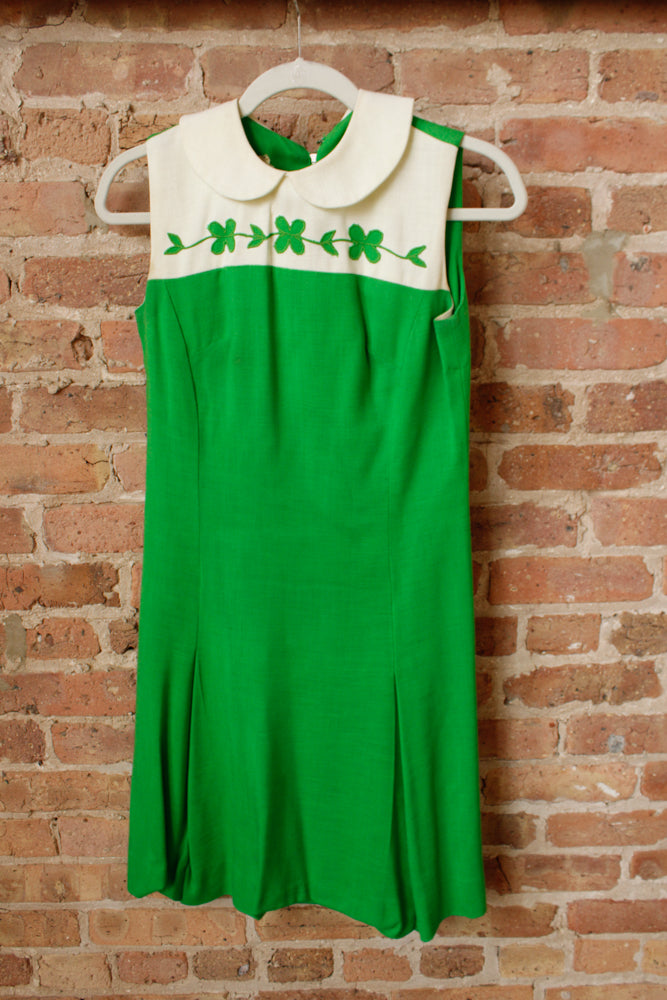 1960s Clover Green & White Shift Dress - Small