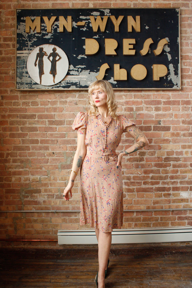 1930s Silk Floral 2pc Dress & Jacket - Small