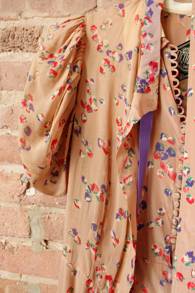 1930s Silk Floral 2pc Dress & Jacket - Small