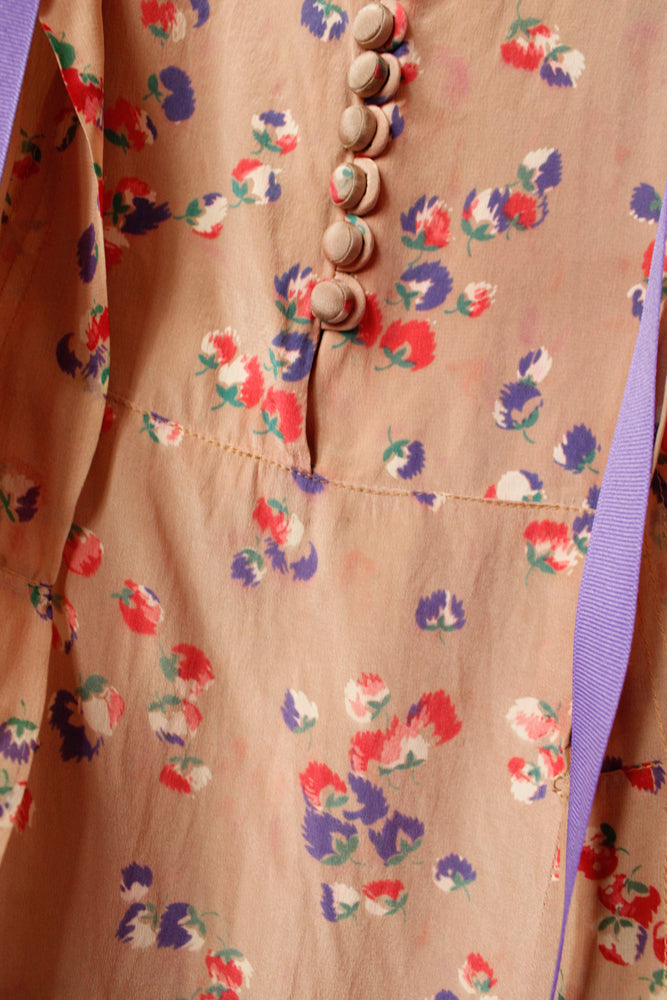 1930s Silk Floral 2pc Dress & Jacket - Small