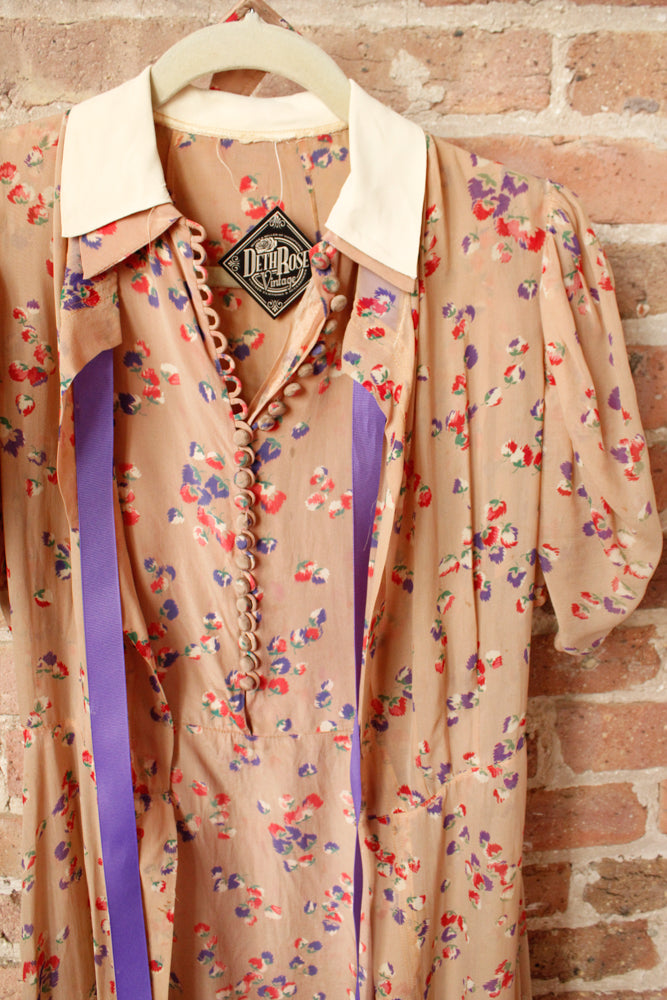 1930s Silk Floral 2pc Dress & Jacket - Small