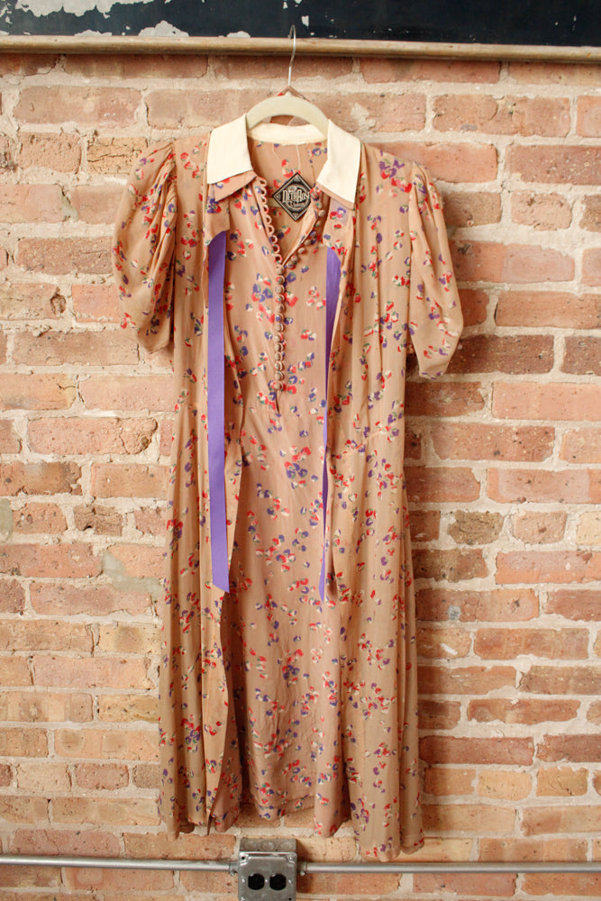 1930s Silk Floral 2pc Dress & Jacket - Small