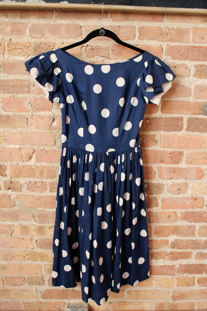 1950s Polka Dot Ruffle Sleeve Dress - Small