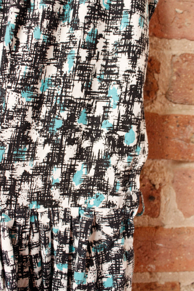 1950s Bill Sims Abstract Black & Turquoise Dress - Large