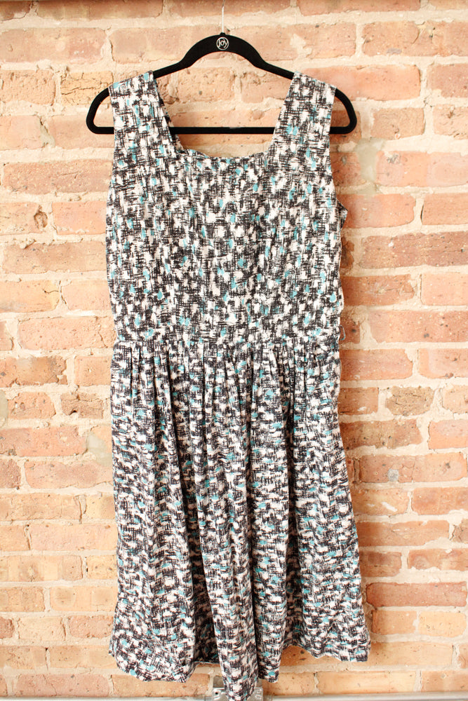 1950s Bill Sims Abstract Black & Turquoise Dress - Large