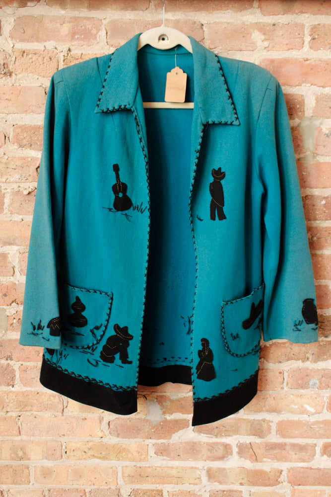 1940s Rare Turquoise & Black Wool Tourist Jacket - Medium
