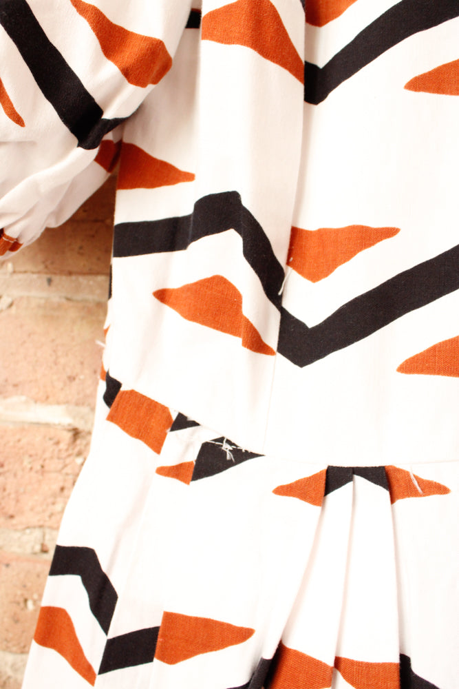 1950s Geometric Cotton Puff Sleeve Dress - Xs/S