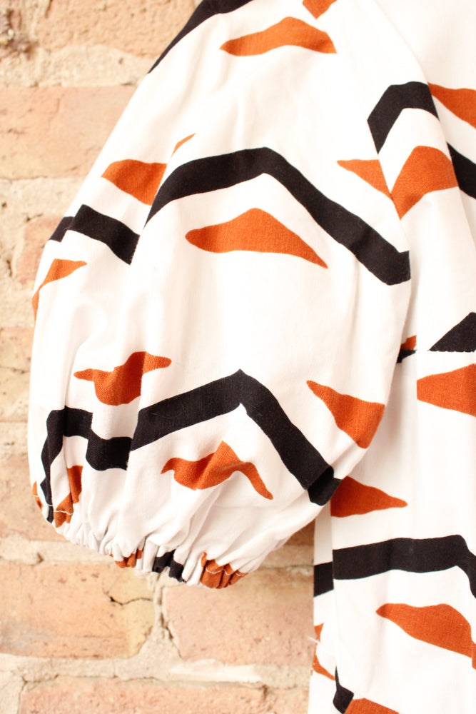 1950s Geometric Cotton Puff Sleeve Dress - Xs/S