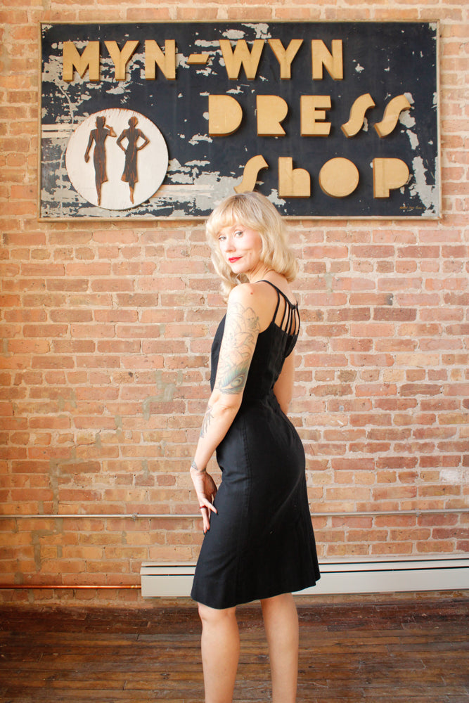 1950s Black Cotton Cage Dress - Small