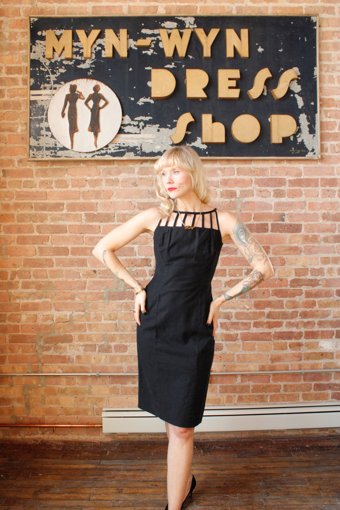 1950s Black Cotton Cage Dress - Small