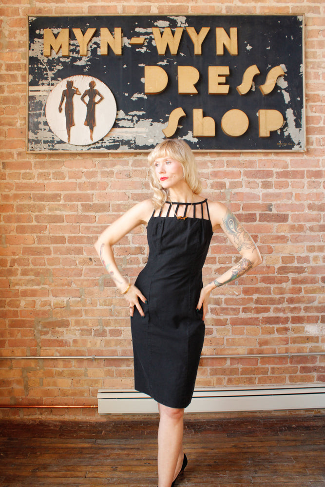 1950s Black Cotton Cage Dress - Small