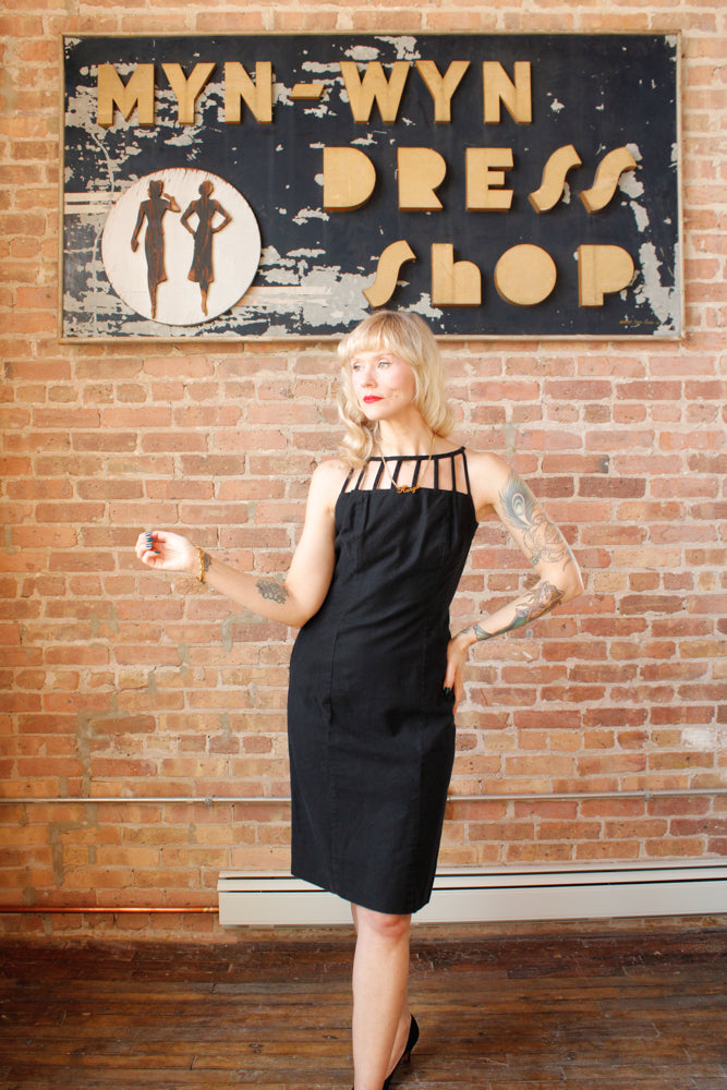 1950s Black Cotton Cage Dress - Small