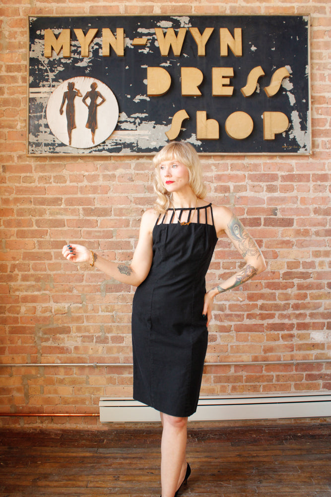 1950s Black Cotton Cage Dress - Small